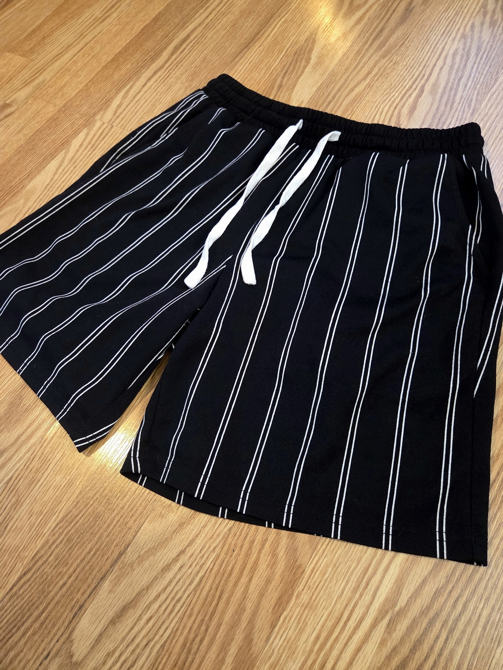 Black Pinstripe Athletic Drawstring Shorts